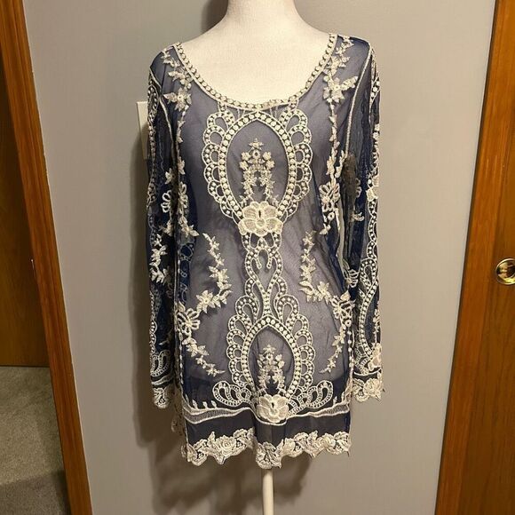 You Are Not Alone lace‎ sheer mesh embroidered boho long sleeved blue top size L - Picture 1 of 8